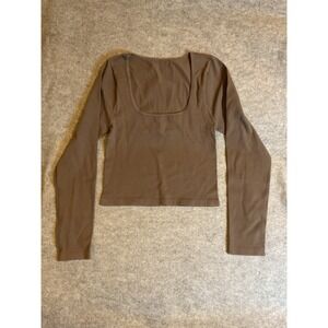 QQQ Women Brown Ribbed Square Neck Long Sleeve Seamless Crop Top Large